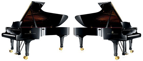 Two Steinway & Sons concert grand pianos, model D-274, manufactured at Steinway's factory in Hamburg, Germany cropped. From Wikimedia Commons.