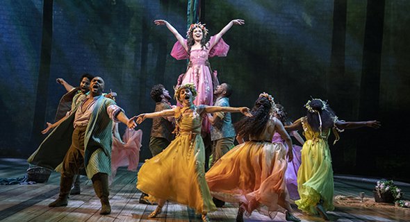 Phillipa Soo (center) and the company of Lerner & Loewe's CAMELOT. Photo by Joan Marcus.
