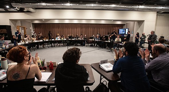 Cast and crew gather on the first rehearsal of Lincoln Center Theater's production of CAMELOT. Photo by Daniel Weiss.
