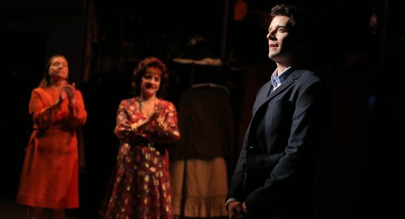 Michael Urie (foreground), Dale Soules and Patti LuPone. Photo by Joan Marcus.